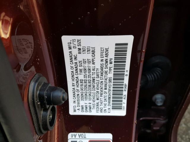 2HKRM3H79FH515895 - 2015 HONDA CR-V EXL BURGUNDY photo 10