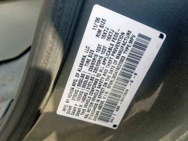 5FNRL38247B025503 - 2007 HONDA ODYSSEY LX CHARCOAL photo 10