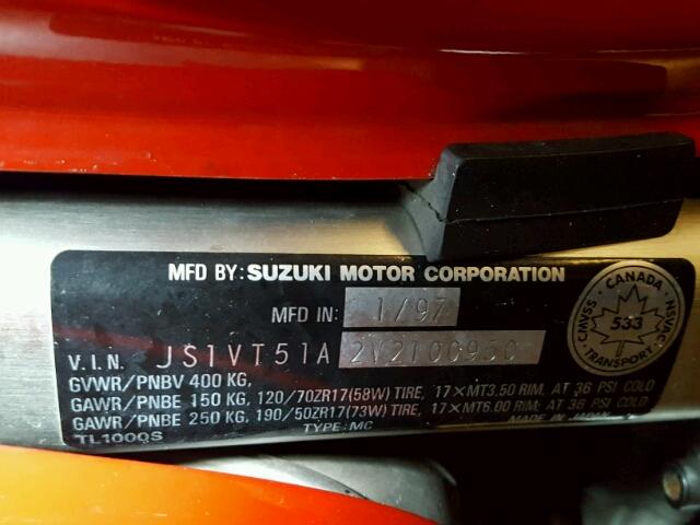 JS1VT51A2V2100950 - 1997 SUZUKI TL1000 S RED photo 10