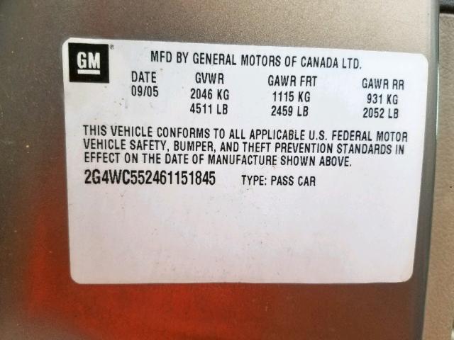 2G4WC552461151845 - 2006 BUICK LACROSSE C TAN photo 10