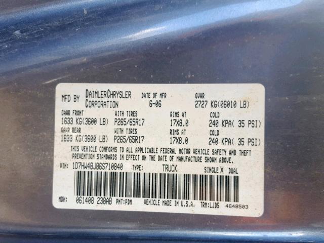 1D7HW48J86S710840 - 2006 DODGE DAKOTA QUA SILVER photo 10