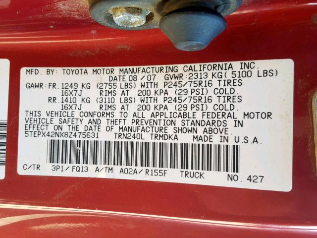 5TEPX42NX8Z475631 - 2008 TOYOTA TACOMA RED photo 10