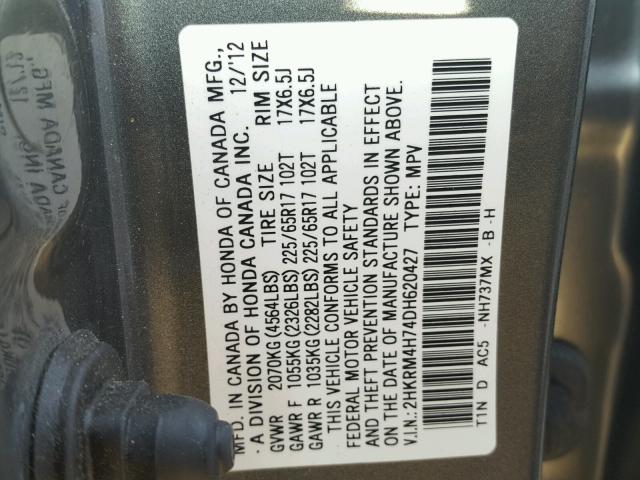 2HKRM4H74DH620427 - 2013 HONDA CR-V EXL GRAY photo 10