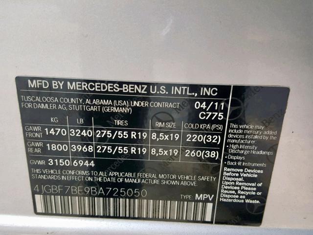 4JGBF7BE9BA725050 - 2011 MERCEDES-BENZ GL 450 4MA SILVER photo 10