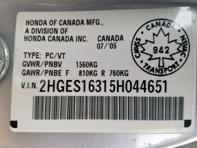 2HGES16315H044651 - 2005 HONDA CIVIC DX V SILVER photo 10