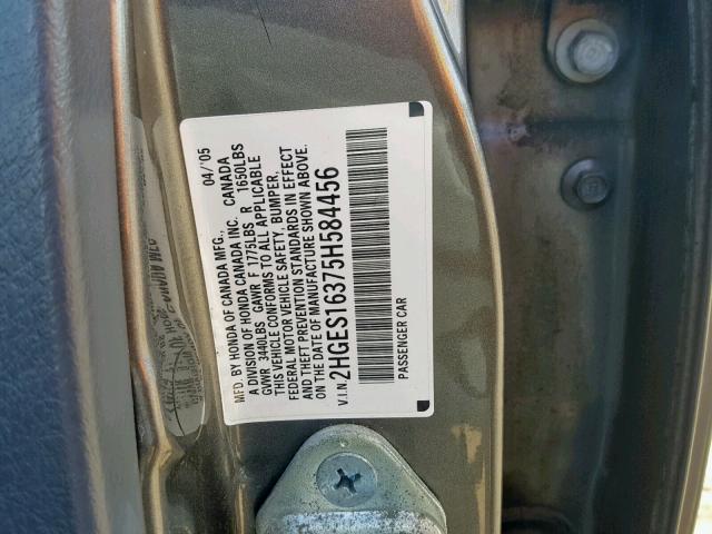 2HGES16375H584456 - 2005 HONDA CIVIC DX V GRAY photo 10