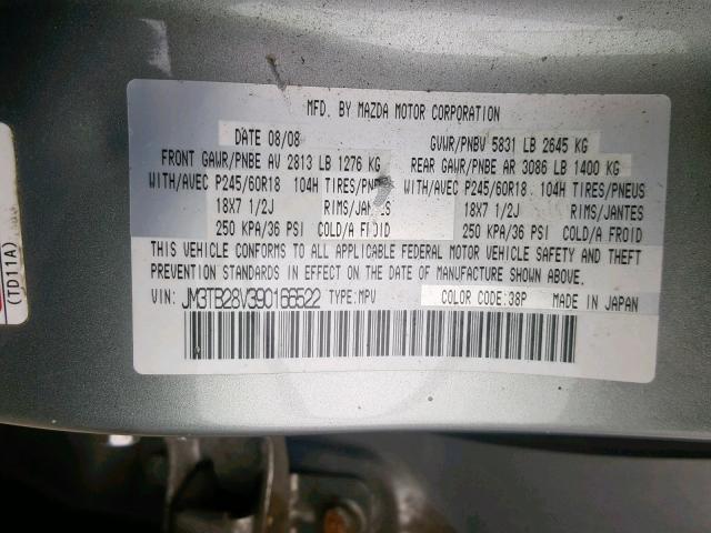 JM3TB28V390166522 - 2009 MAZDA CX-9 SILVER photo 10