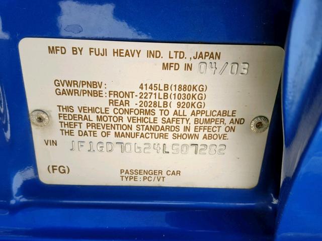 JF1GD70624L507282 - 2004 SUBARU IMPREZA WR BLUE photo 10