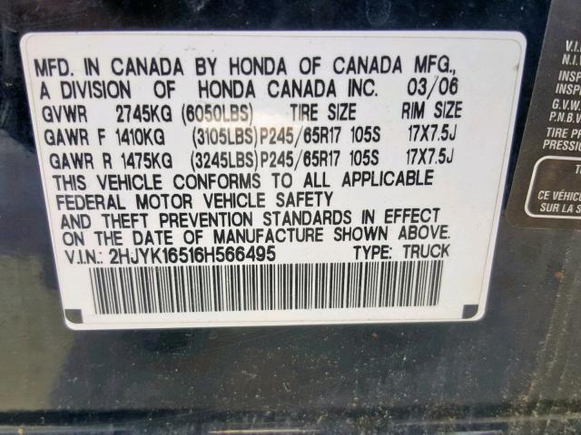 2HJYK16516H566495 - 2006 HONDA RIDGELINE BLACK photo 10