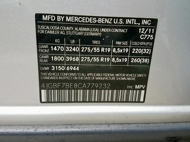 4JGBF7BE8CA779232 - 2012 MERCEDES-BENZ GL 450 4MA SILVER photo 10