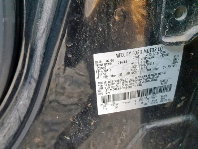 2FMDK38C48BB33796 - 2008 FORD EDGE SEL BLACK photo 10