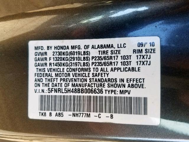 5FNRL5H48BB006636 - 2011 HONDA ODYSSEY EX GRAY photo 10