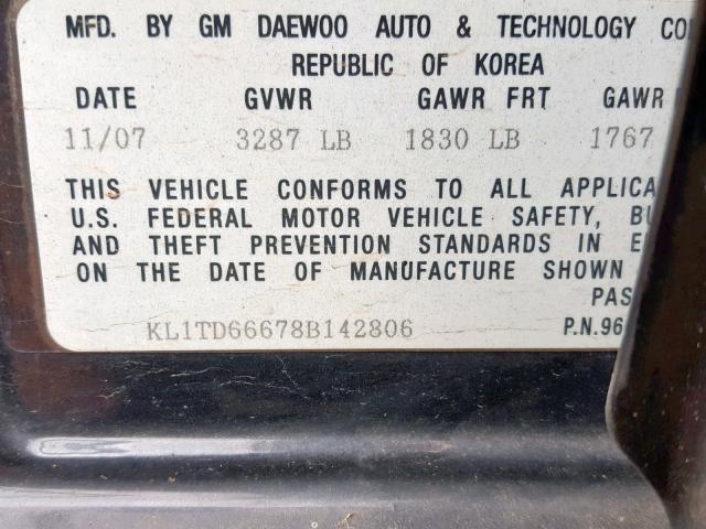 KL1TD66678B142806 - 2008 CHEVROLET AVEO BASE Қара фото 10