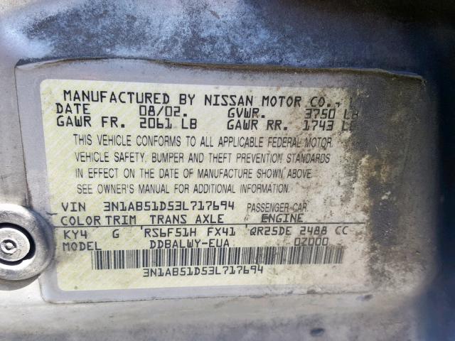 3N1AB51D53L717694 - 2003 NISSAN SENTRA SE- SILVER photo 10