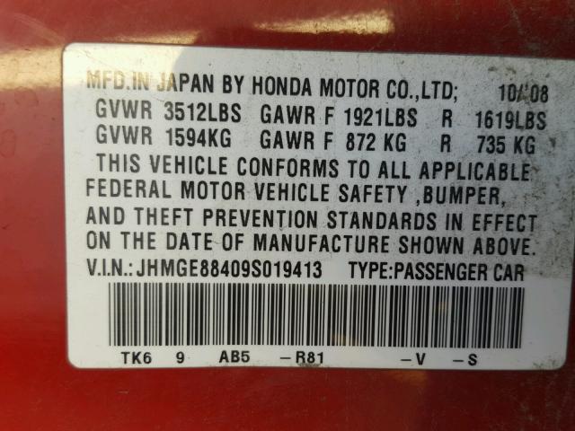 JHMGE88409S019413 - 2009 HONDA FIT SPORT RED photo 10