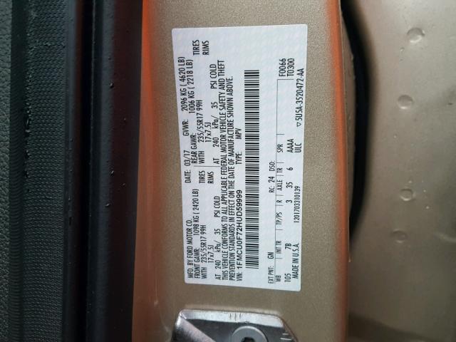 1FMCU0F72HUD59999 - 2017 FORD ESCAPE S BEIGE photo 10