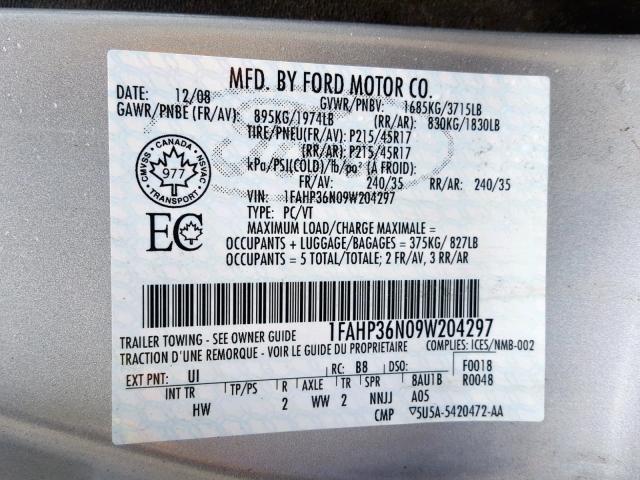 1FAHP36N09W204297 - 2009 FORD FOCUS SES SILVER photo 10