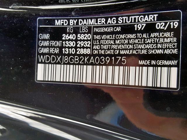 WDDXJ8GB2KA039175 - 2019 MERCEDES-BENZ S 560 4MAT BLACK photo 10