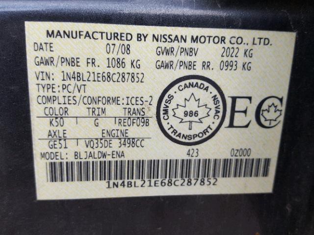 1N4BL21E68C287852 - 2008 NISSAN ALTIMA 3.5 GRAY photo 10