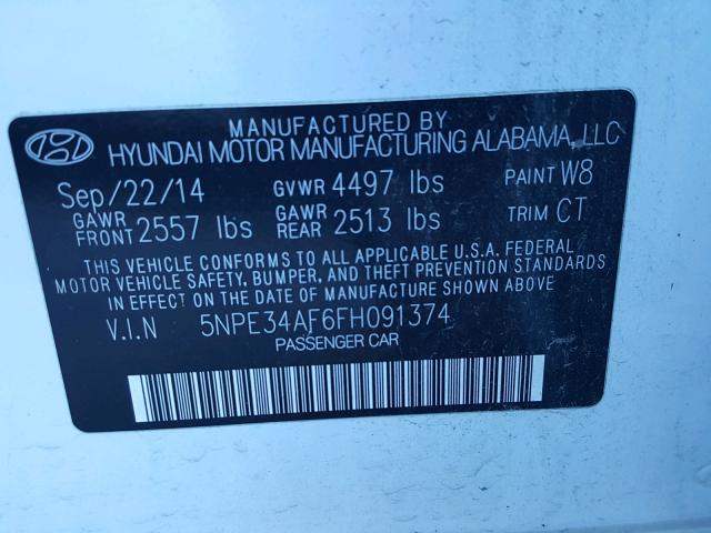 5NPE34AF6FH091374 - 2015 HYUNDAI SONATA SPO WHITE photo 10