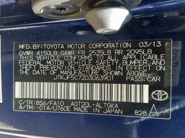 JTKJF5C72D3063901 - 2013 TOYOTA SCION TC ლურჯი ფოტო 10