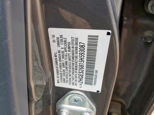 2HGES26815H593087 - 2005 HONDA CIVIC EX GRAY photo 10