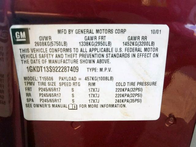 1GKDT13S922287409 - 2002 GMC ENVOY BURGUNDY photo 10