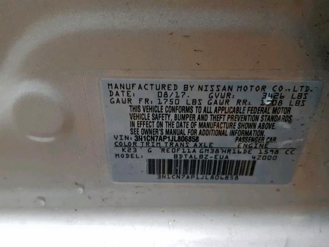 3N1CN7AP1JL806858 - 2018 NISSAN VERSA S SILVER photo 10