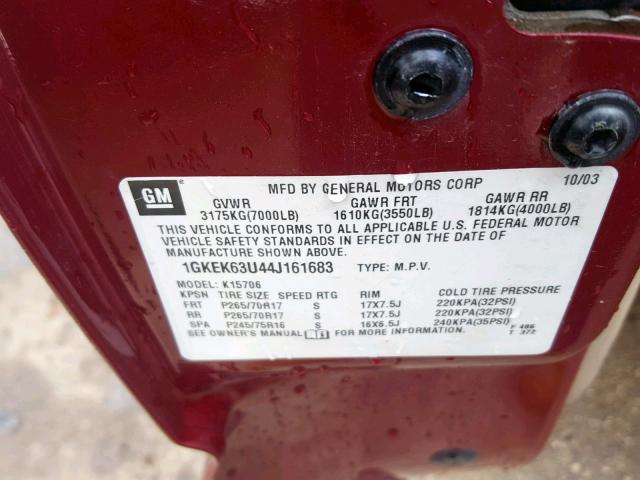 1GKEK63U44J161683 - 2004 GMC YUKON DENA RED photo 10