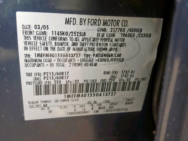 1MEFM40155G613727 - 2005 MERCURY MONTEGO LU BLUE photo 10