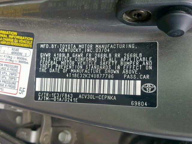 4T1BE32K24U877786 - 2004 TOYOTA CAMRY LE GRAY photo 10