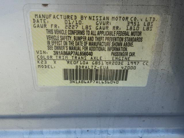 3N1AB6AP7AL656040 - 2010 NISSAN SENTRA 2.0 SILVER photo 10