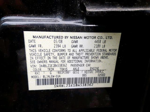 1N4BL21E18N538362 - 2008 NISSAN ALTIMA 3.5 BLACK photo 10