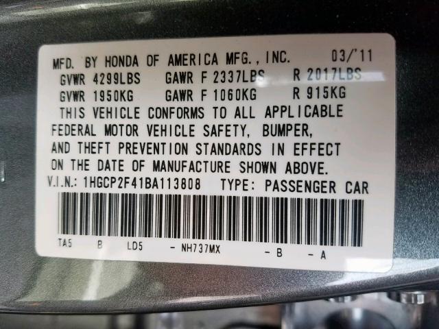 1HGCP2F41BA113808 - 2011 HONDA ACCORD LXP GRAY photo 10