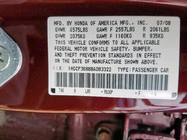 1HGCP36888A083322 - 2008 HONDA ACCORD EXL RED photo 10