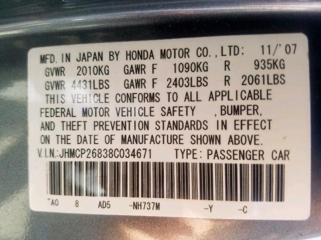 JHMCP26838C034671 - 2008 HONDA ACCORD EXL GRAY photo 10