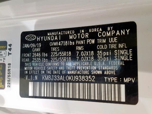 KM8J33AL0KU938352 - 2019 HYUNDAI TUCSON LIM WHITE photo 10