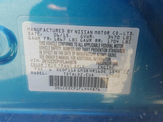 3N1CE2CP1FL444876 - 2015 NISSAN VERSA NOTE TEAL photo 10