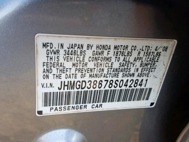 JHMGD38678S042841 - 2008 HONDA FIT SPORT 银色 照片 10