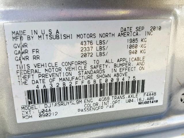 4A32B2FF6BE009475 - 2011 MITSUBISHI GALANT FE SILVER photo 10