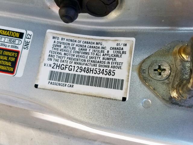 2HGFG12948H534585 - 2008 HONDA CIVIC EXL 银色 照片 10