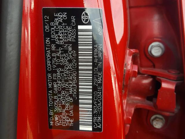 JTKKUPB49D1029169 - 2013 TOYOTA SCION XD RED photo 10