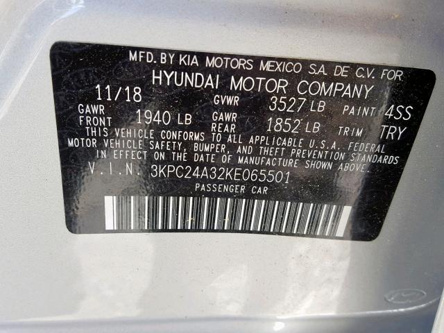 3KPC24A32KE065501 - 2019 HYUNDAI ACCENT SE SILVER photo 10