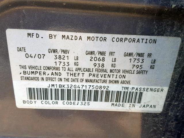 JM1BK32G471750892 - 2007 MAZDA 3 I GRAY photo 10