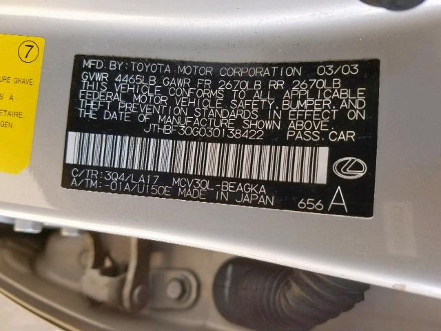 JTHBF30G030138422 - 2003 LEXUS ES 300 SILVER photo 10