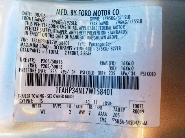 1FAHP34N17W158401 - 2007 FORD FOCUS ZX4 SILVER photo 10