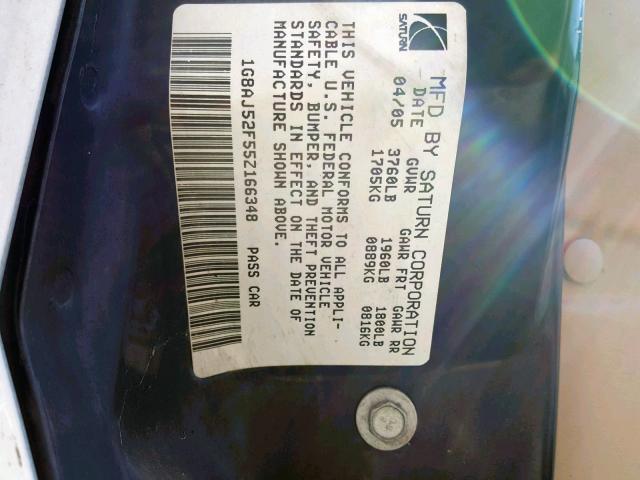 1G8AJ52F55Z166348 - 2005 SATURN ION LEVEL WHITE photo 10