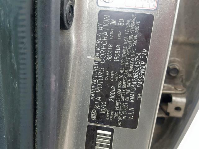 KNAFU4A28B5345754 - 2011 KIA FORTE EX GRAY photo 10