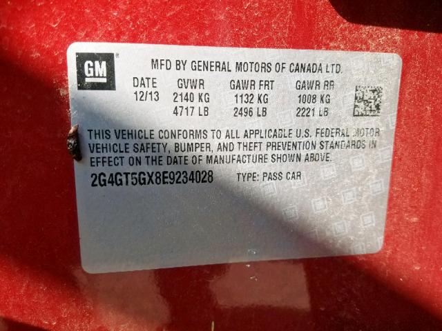 2G4GT5GX8E9234028 - 2014 BUICK REGAL GS RED photo 10