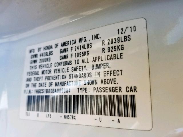 1HGCS1B80BA009084 - 2011 HONDA ACCORD EXL WHITE photo 10